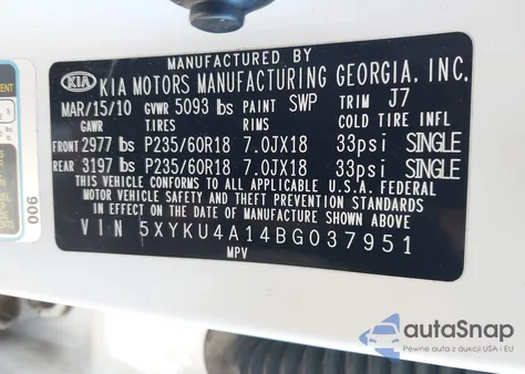 2011 Kia Sorento Ex z USA, uszkodzony, nr VIN 5XYKU4A14BG037951